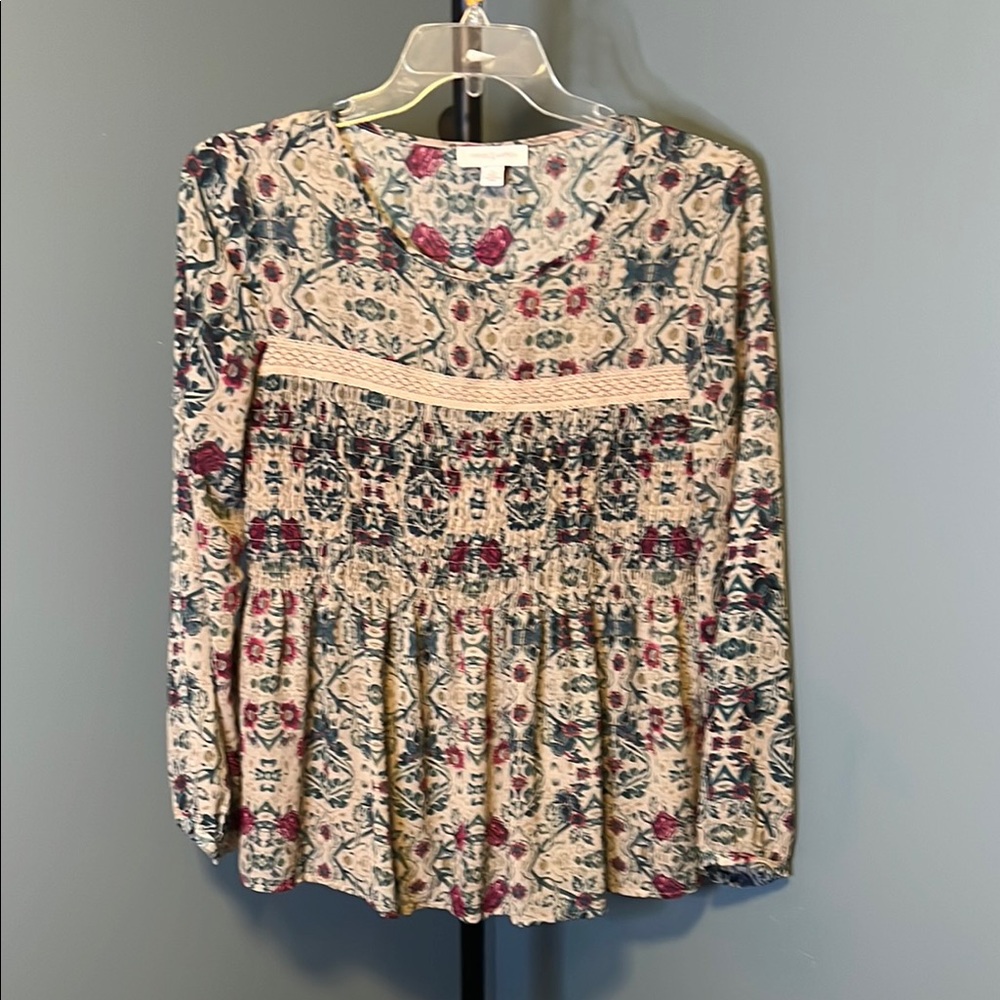 Vintage America Cream and Green Long Sleeve Blouse
